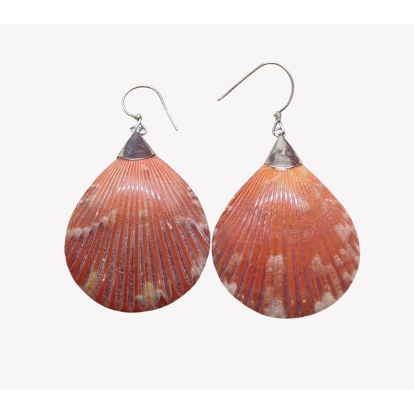 Sterling Silver & Authentic Real Orange Scallop Shell Seashell Dangle Earrings - Picture 2 of 5